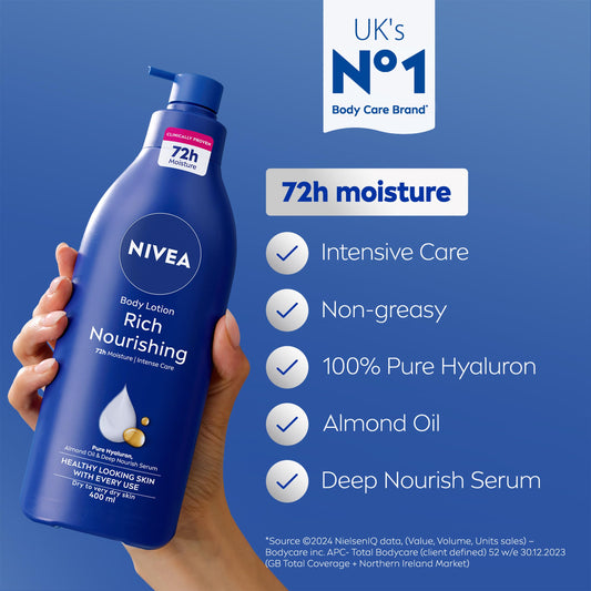 NIVEA Rich Nourishing Body Lotion (400ml), Rich 72H Hydration Moisturiser for Dry Skin Made with Deep Moisture Serum and Almond Oil, Intensive Hydration Body Lotion