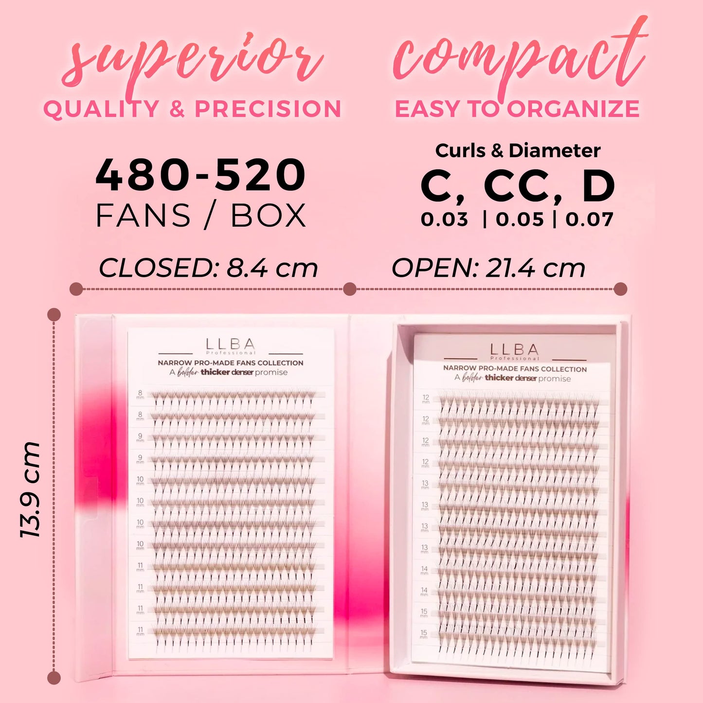 LLBA LashFolio Narrow Promade Fans | Handmade Volume Eyelashes | Multi Selections 5D~10D | C CC D Curl | Thickness 0.03~0.07mm | 8-15mm Length | Long Lasting & Easy Application (5D-0.07 C 8mm-15mm)
