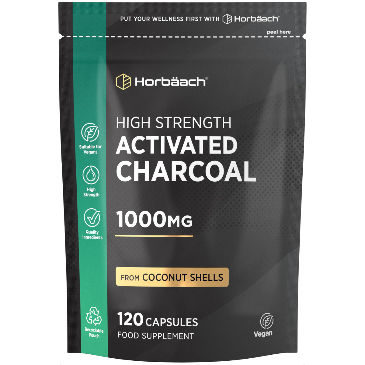 Horbäach Activated Charcoal Capsules | High Strength 1000mg | Supplement from Natural Coconut | 120 Vegan Tablets | by Horbaach