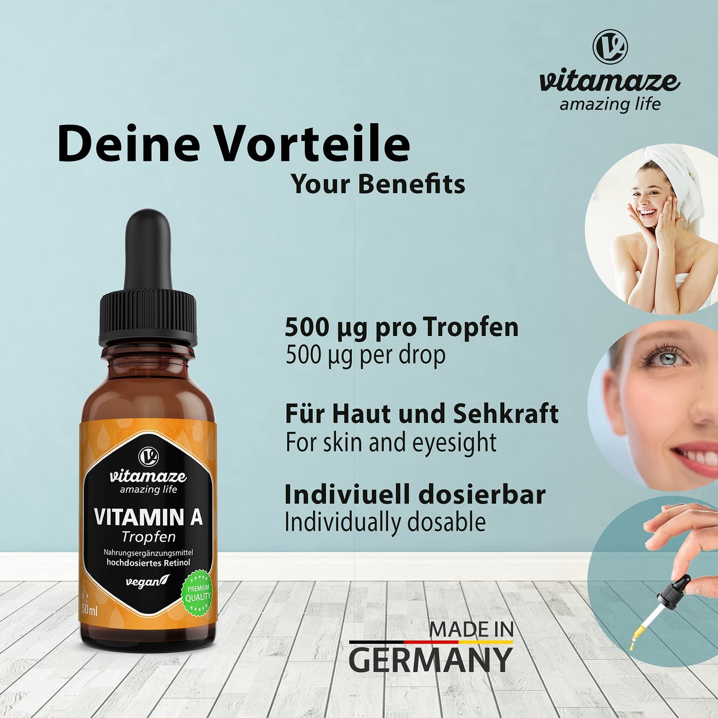 Vitamin A Drops 5000 IU High Strength per Daily Dose, Retinol Liquid & Vegan, 50 ml (1700 Drops), Natural Food Supplement Without Additives, High Bioavailability