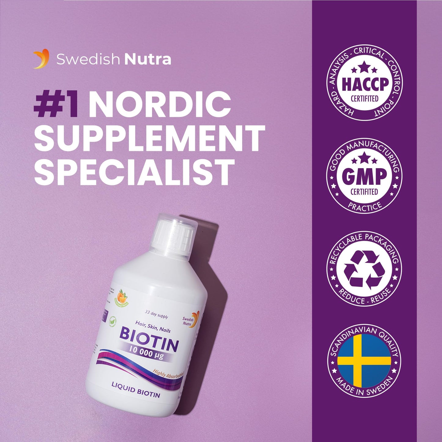 Swedish Nutra - Biotin 10,000 UG Liquid Supplement - Pack of 500 ml, 33 Day Supply | Plus Vitamin C for Healthy Hair, Skin & Nails | Vegan & Gluten Free | 100% Natural Orange Flavour