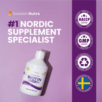 Swedish Nutra - Biotin 10,000 UG Liquid Supplement - Pack of 500 ml, 33 Day Supply | Plus Vitamin C for Healthy Hair, Skin & Nails | Vegan & Gluten Free | 100% Natural Orange Flavour