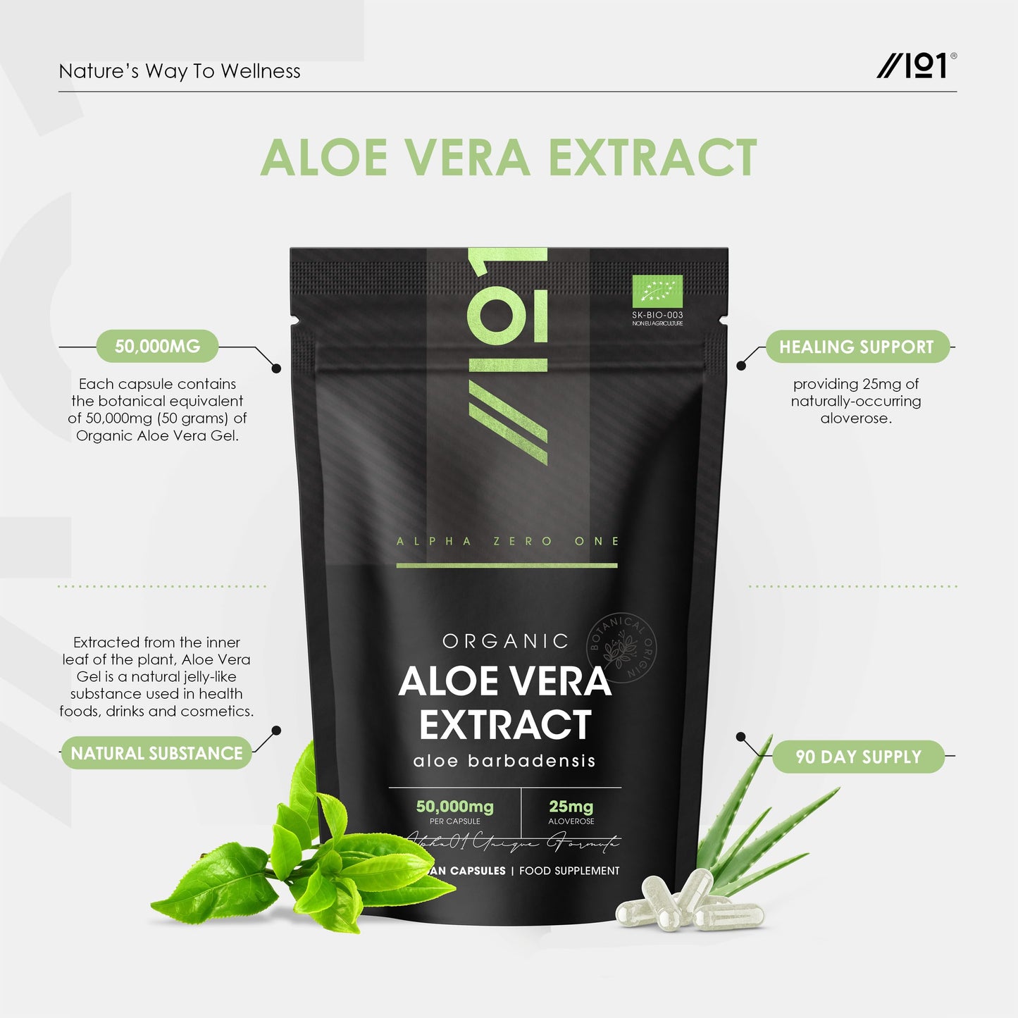 ALPHA01 Organic Aloe Vera Extract 50,000mg - High Strength 25mg Aloveros Supplement - 90 Vegan Capsules (3 Months Supply) - Resealable and Recyclable Pouch - by Alpha01