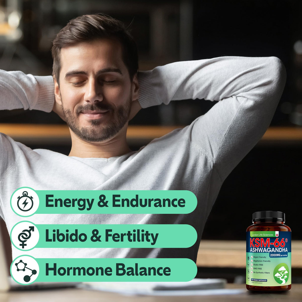 LONDON LIFE SCIENCES London Life Sciences Organic Vegan Ashwagandha KSM-66 90 Capsules - (Highest Concentration) 2000mg Servings & 5% Withanolides - Best Bioavailabili
