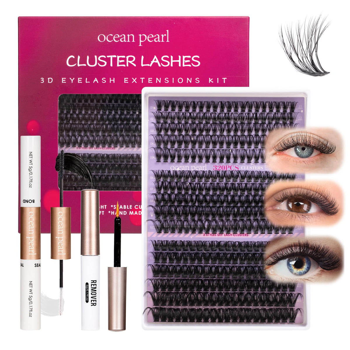 ocean pearl Ocean Pearl Cluster Lashes Kit 320PCS Individual Eyelashes 40D+50D+100D Eyelash Extension Kit 11-20mm False Eyelashes DIY Lash Extension Natural Lash Clusters with Super Bond&Seal&Remover&Tweezer-100D