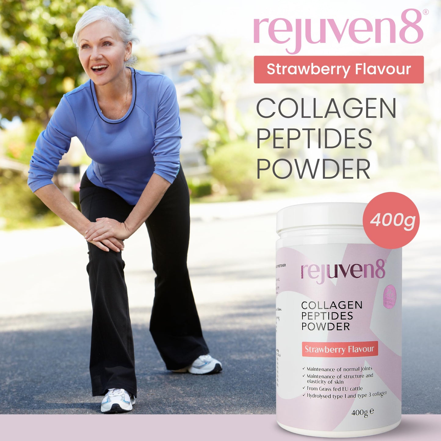Rejuven8 Collagen Peptides Powder - 400g Strawberry Flavour - 26g of Collagen and 24g of Protein Per Serving - Grass Fed Bovine Collagen Powder for Women & Men - Protein Collagen Powder
