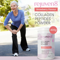 Rejuven8 Collagen Peptides Powder - 400g Strawberry Flavour - 26g of Collagen and 24g of Protein Per Serving - Grass Fed Bovine Collagen Powder for Women & Men - Protein Collagen Powder