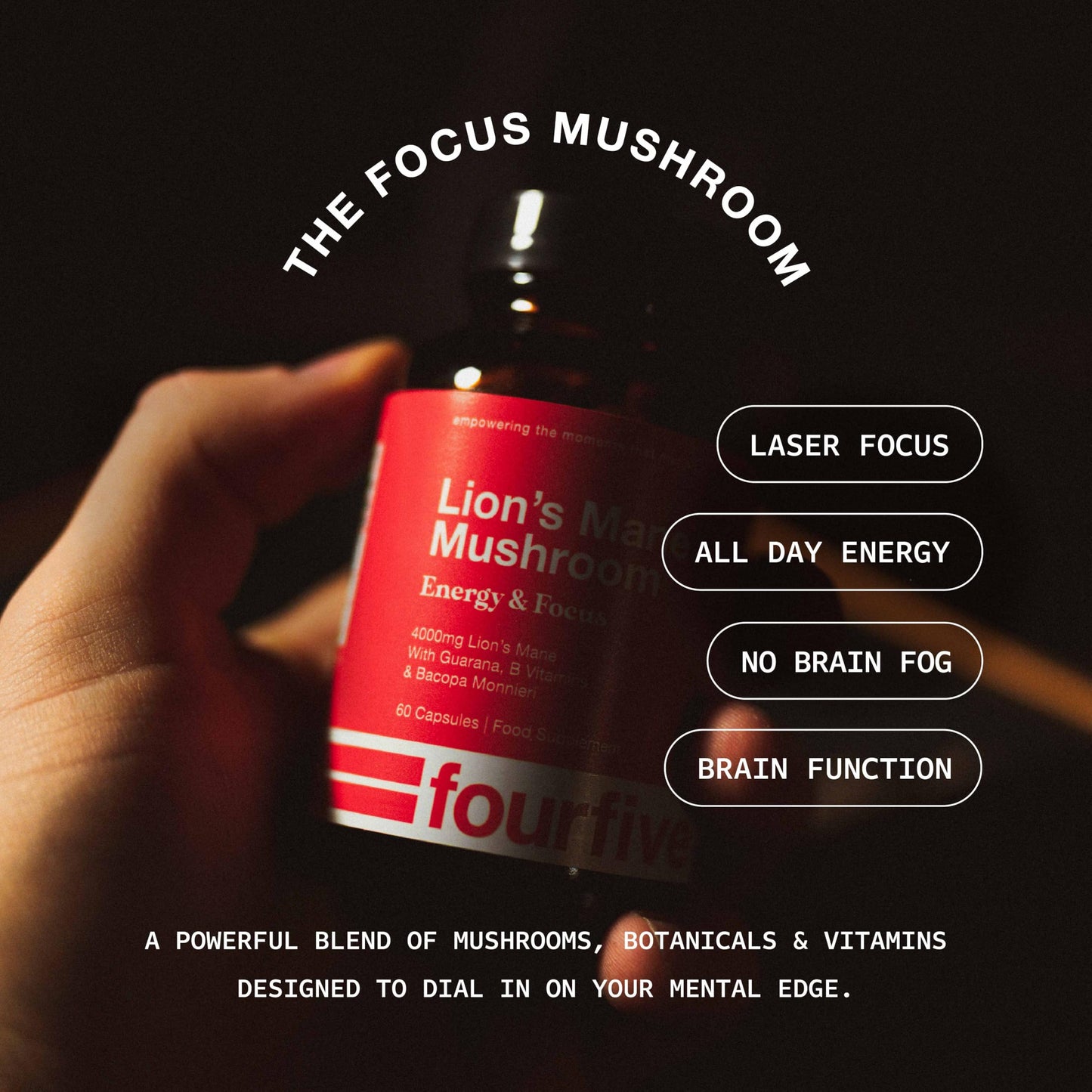 fourfive Lions Mane Mushroom Supplement (4000mg) Energy & Focus Blend, Support Brain Function, Focus & Energy - 60 Capsules