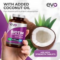 Biotin Hair Growth Supplement 12,000mcg with Coconut Oil | 400 High Strength Tablets for - 13 Month Supply Vitamin B7 Supports Normal Skin & Made in UK by EVO Nutrition