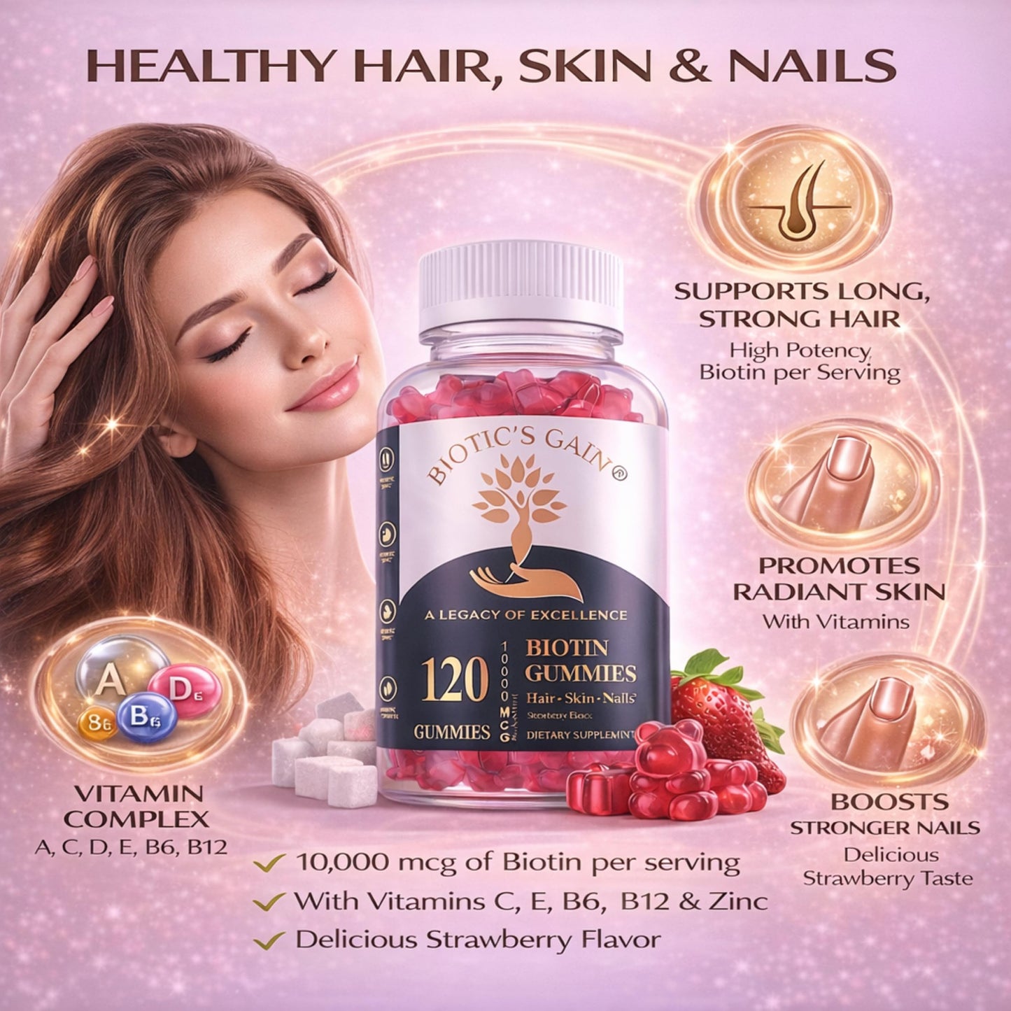 Biotic's Gain Biotin Gummies 10000 mcg – Hair Skin & Nails Vitamins with Vitamins A C D E B6 B12 & Zinc, Vegan Sugar Free Hair Vitamins for Women & Men, 120 Gummies
