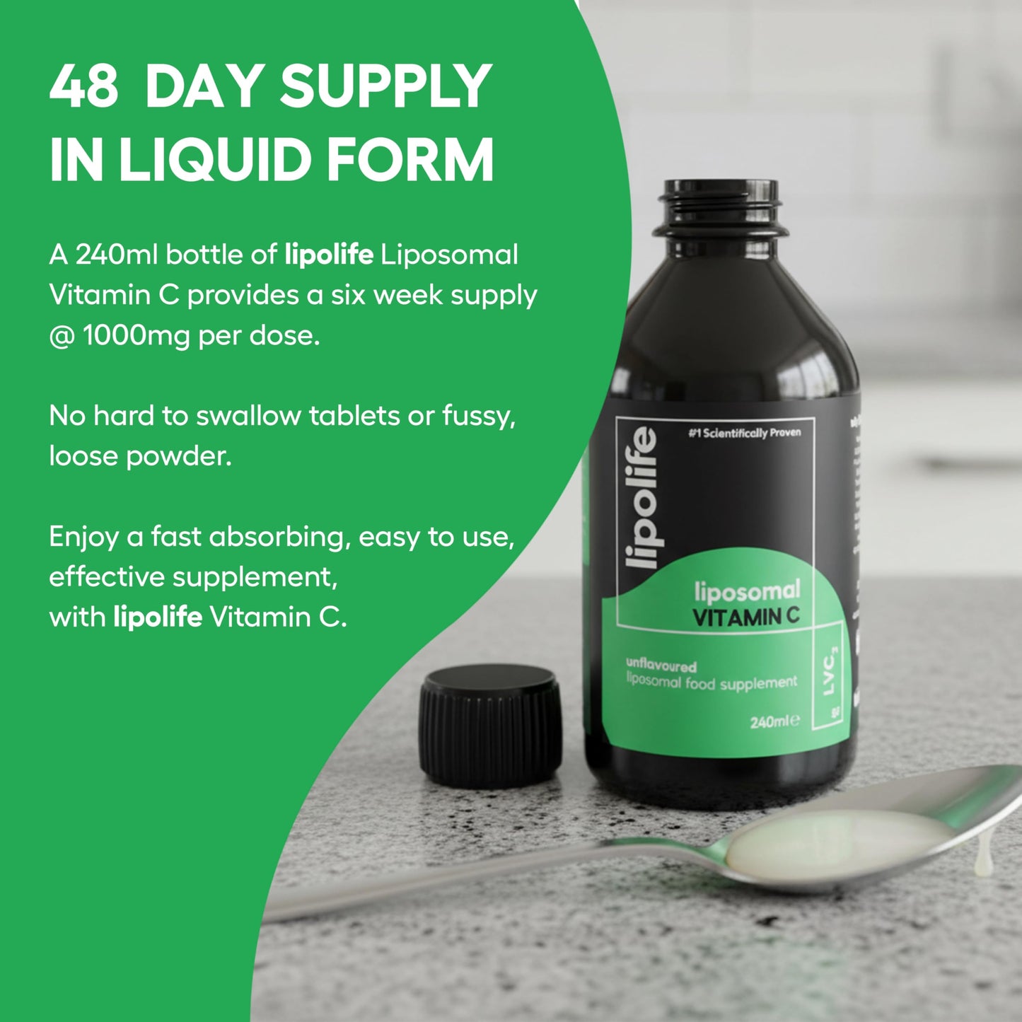 Lipolife lipolife LVC1 Liposomal Vitamin C Liquid 240ml – High Strength - 48 Days Supply, No Tablets, Clinically Proven Higher Absorption, Gluten-Free, Vegan, Immune & Collagen Support Supplement