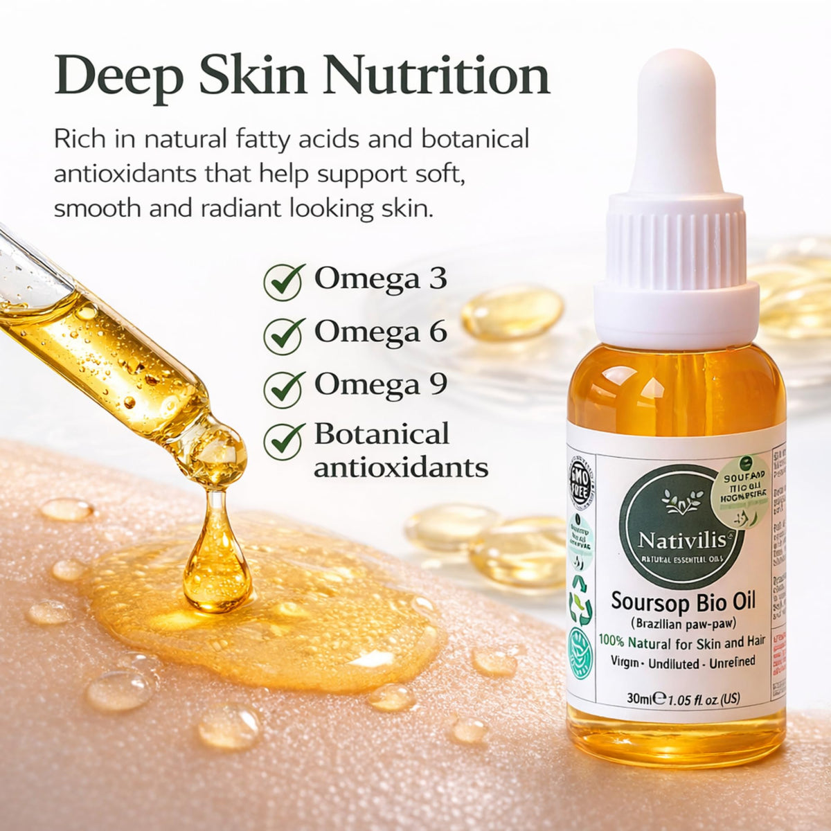 Nativilis Natural Essential Oils Nativilis Soursop Bio Oil, 30ml, 100% Natural Virgin Unrefined Brazilian Paw-Paw Oil for Skin and Hair