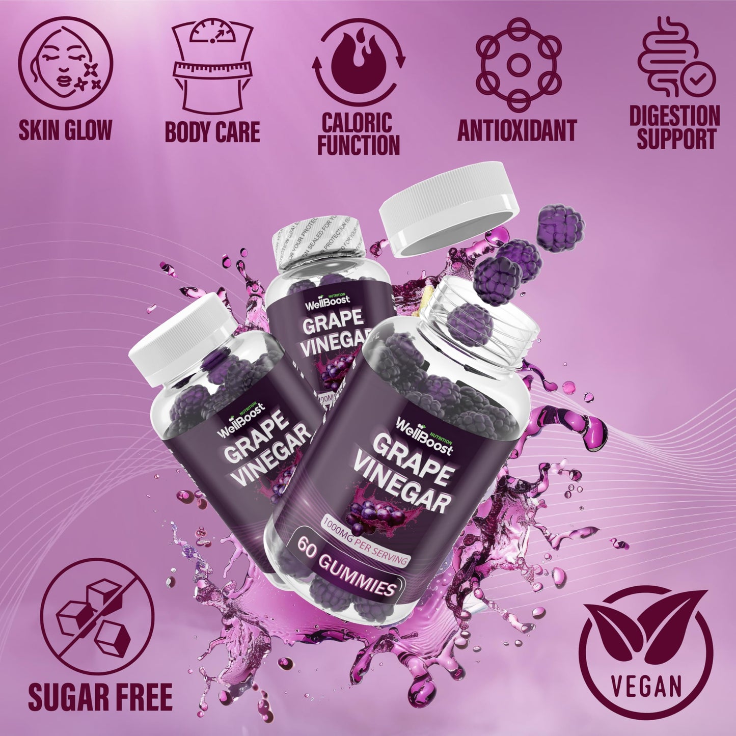 WellBoost Grape Vinegar Gummies, Rich in Grape Vinegar Extracts 1000mg- Chewable Vegan Sugar-Free Gummies, Grapes Flavour (1 month supply)