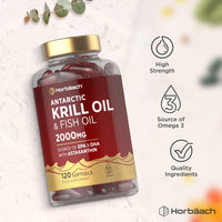 Horbäach Antarctic Krill Oil Capsules 2000mg | 120 Softgels | High Strength Blend with Fish Oil, Astaxanthin, Phospholipids, EPA and DHA | By Horbaach