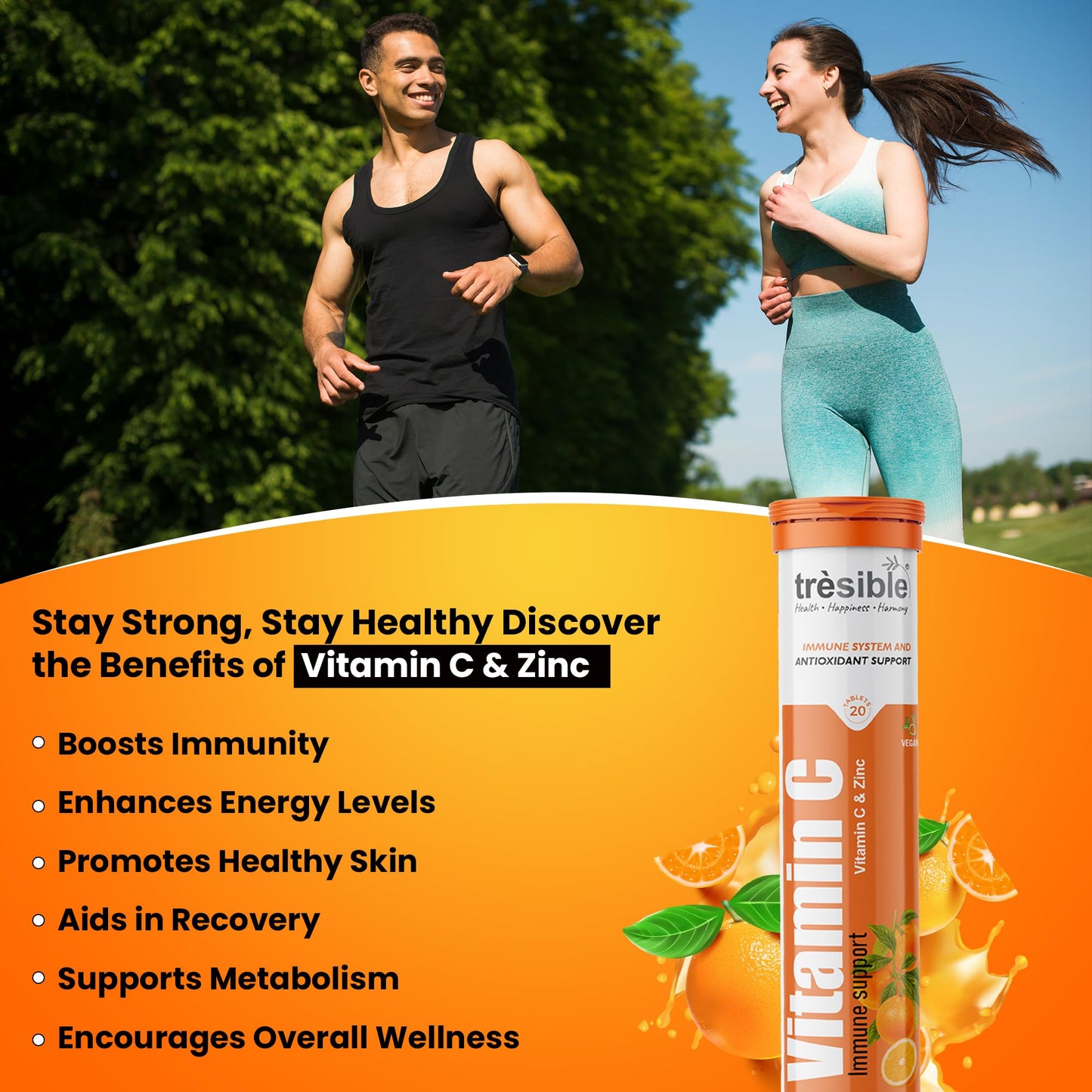 Trèsible Vitamin C and Zinc Effervescent Tablets (20 Count) - Vitamin C 1000mg Effervescent Tablets For Adult, Vit C Supplement to Improve Your Skin Health, Immunity & Energy Level, Vegan, Gluten Free