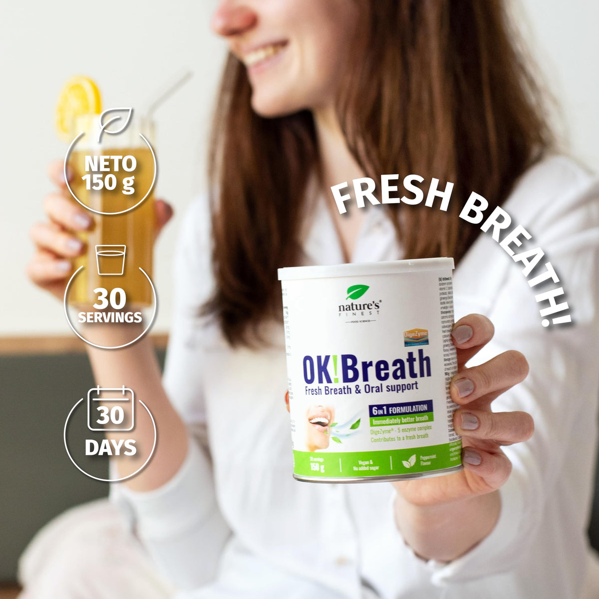 Nature's Finest by Nutrisslim OK!Breath - 6-in-1 Digestive Enzyme Complex, Natural Freshener and Bad Breath Treatment for Adults, Patented DigeZyme® Formula