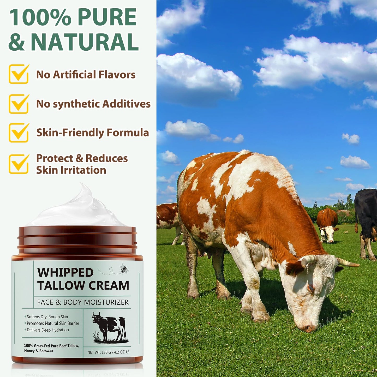 Generic Whipped Tallow & Honey Balm, 100% Grass Fed Beef Tallow for Skin Care, 2-In-1 Face Cream And Body Lotion For Dry, Damaged, Or Sensitive Skin Care, 120g/4.2 oz