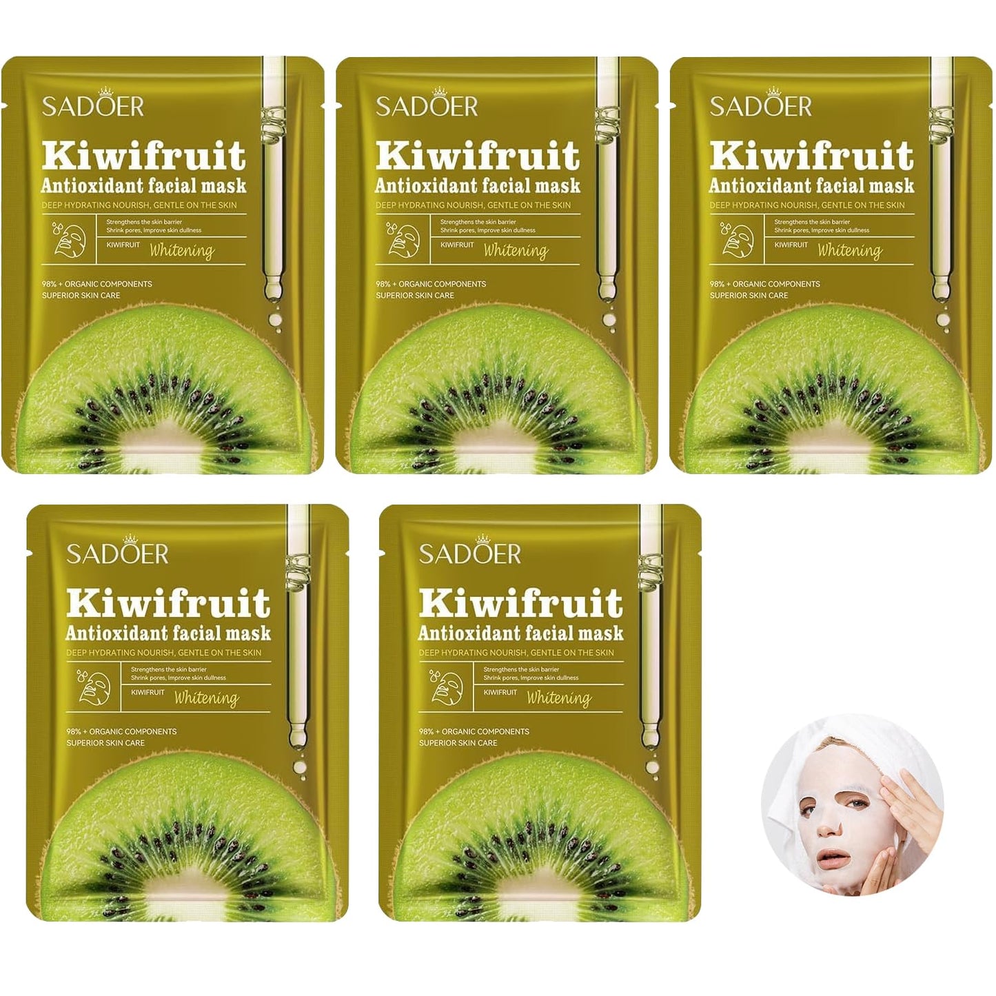 5Pcs Face Mask Facts Kiwi fruit | Brightens + Nourishes + Moisturizers | Vegan Mild Skin Deep Hydration Whitening and Antioxidant Sheet with Collagen and Natural Extracts for Radiant