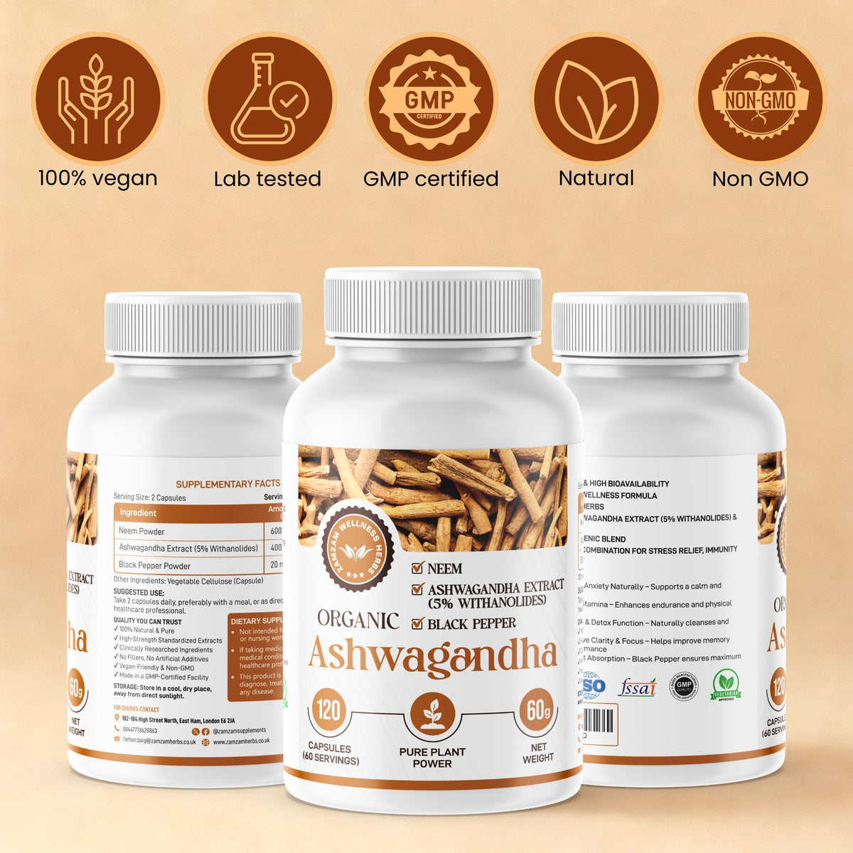 Zamzam Wellness Herbs Organic Neem Leaf (Azadirachta Indica) + Ashwagandha 5% Withanolides with Black Pepper | High-Strength Ayurvedic Detox & Skin Cleanse | Immune, Mood & Energy Support | 120 Vegan Adaptogen Capsules