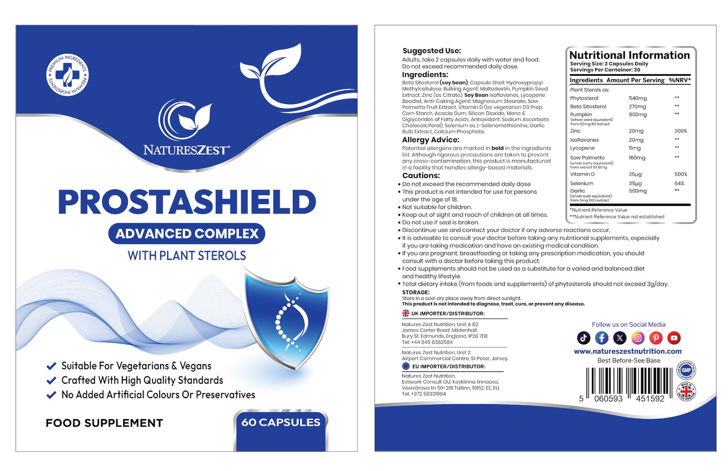 Natures Zest Prostashield Advanced Complex Men’s Health Supplement with Plant Sterols, Pumpkin, Zinc, Selenium & Vitamin D, Vegan Capsules for Immune & Men’s Vitality – 60 Capsules
