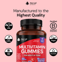 NEW LEAF PRODUCTS Chewable Vegan Multivitamin Gummies - Non Sugar Coated, Gluten Free, Non-GMO Multivitamins for Men and Woman - Fortified with Vitamins C A D E B Biotin, Folate, & Zinc