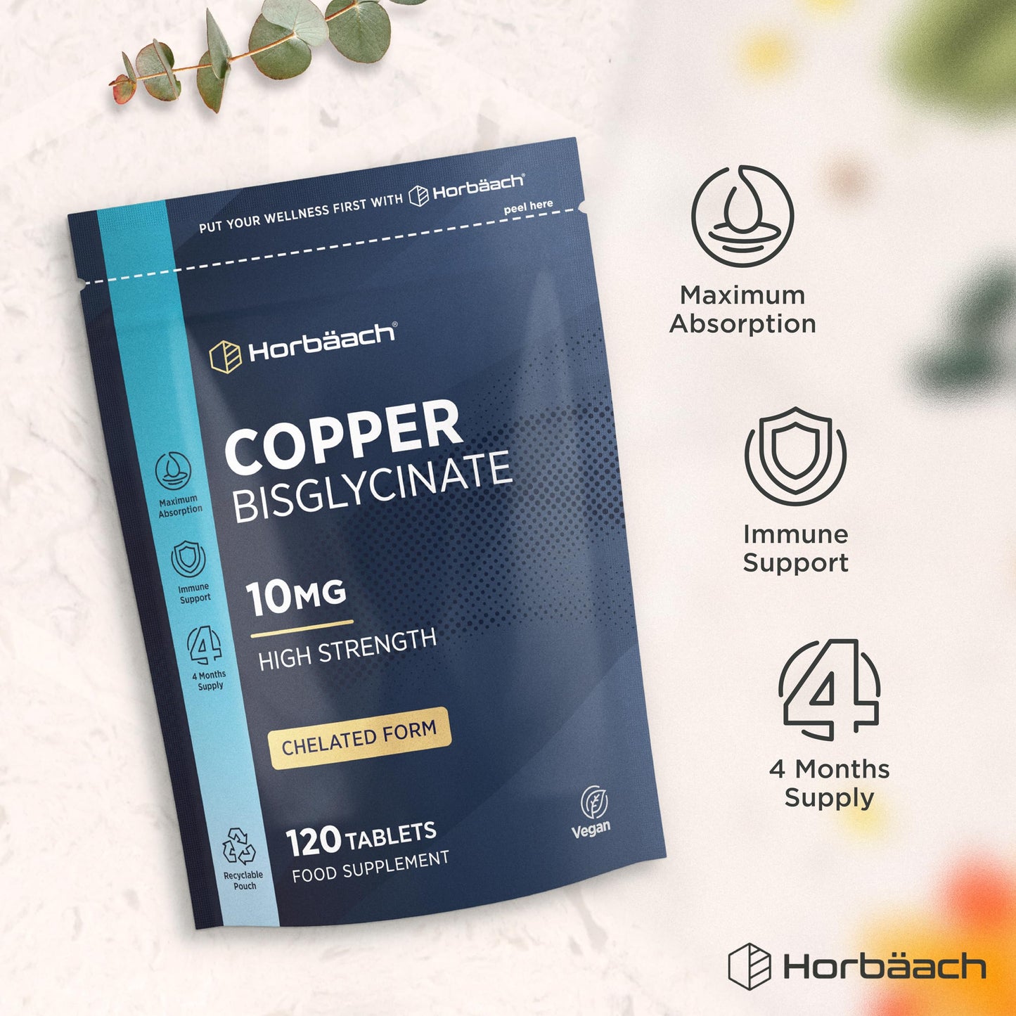 Horbäach Copper Bisglycinate 10mg | Chelated Form | High Strength Copper Supplement | 120 Vegan Tablets | by Horbaach