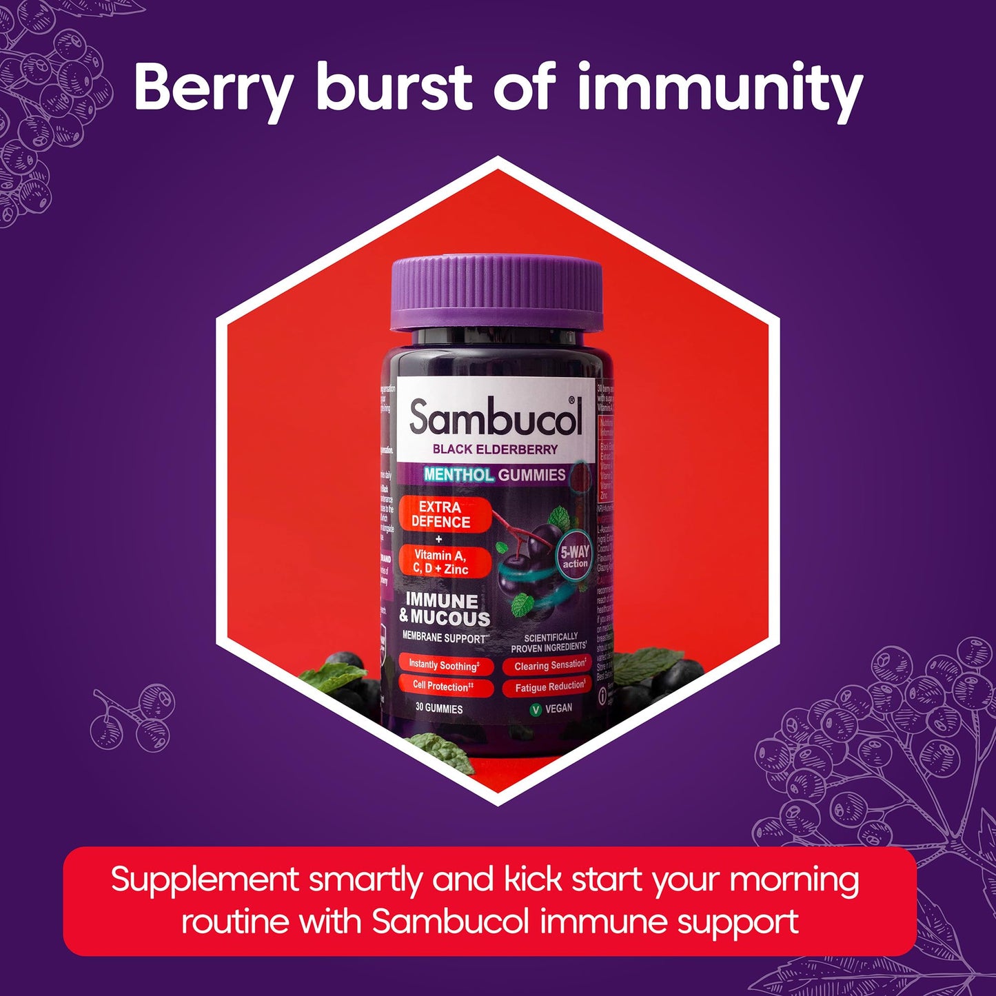 Sambucol Natural Black Elderberry Extra Defence Menthol Gummies |Vitamin A | Vitamin C | Vitamin D | Zinc |Advanced Immune Support Supplement| 30 Gummies
