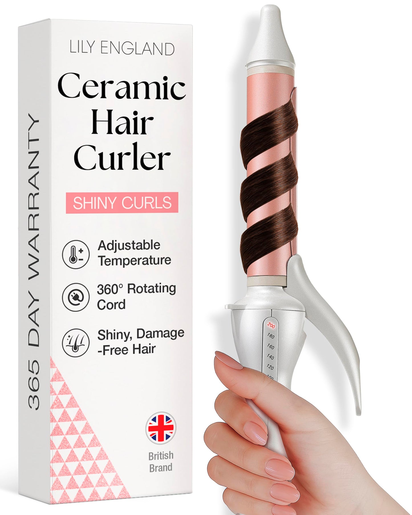 Lily England 25mm Curling Tongs for Short & Long Hair, Rose Gold
