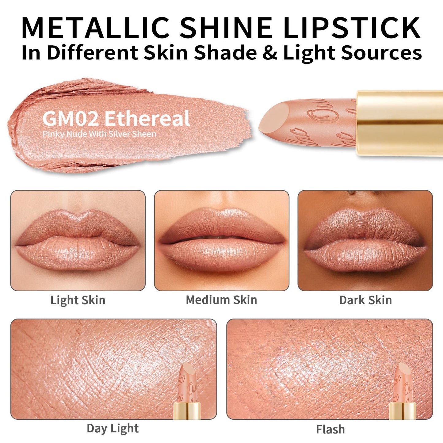 Oulac OULAC Glow Metallic Shine Lipstick, Nude High Impact Lipcolor, Lightweight Soft and Ultra Hydrating, Long Lasting, Vegan & Cruelty-Free, Full Coverage Lip Color 4.3 g/0.15 GM02 Ethereal