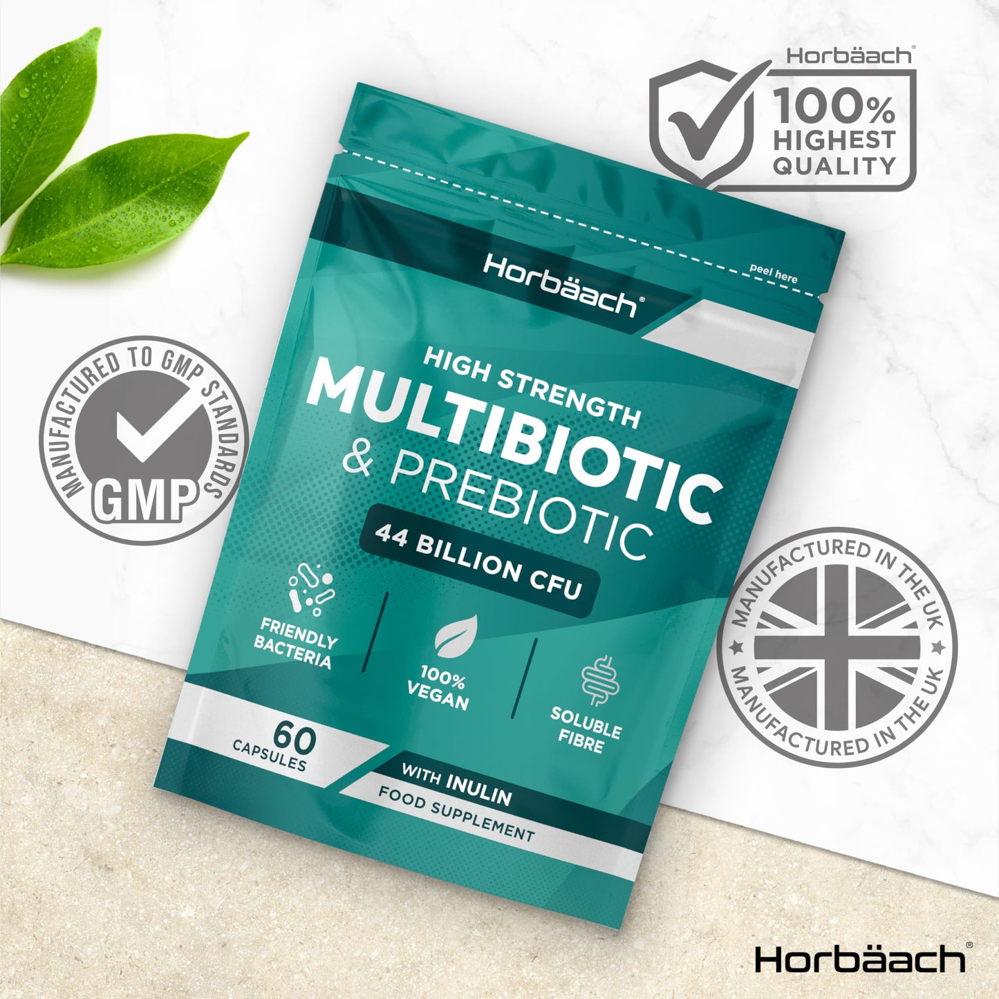 Horbäach Probiotics & Prebiotics 44 Billion CFU | Bio Cultures Complex Multi-Strain Formula with Inulin | 60 Vegan Capsules | by Horbaach