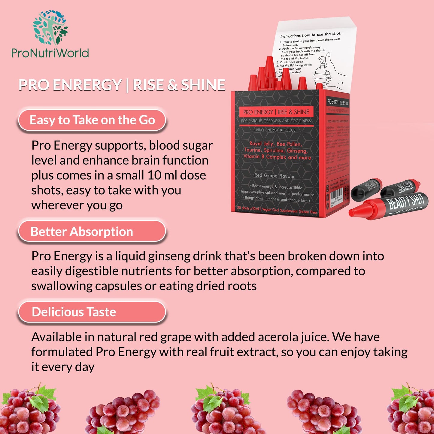 ProNutriWorld Energy Supplement for Memory and Focus with Royal Jelly Oral Liquid Ginseng, Guarana Extract, Taurine and Rhodiola for Tiredness, Fatigue and Immune Support (20 Servings)