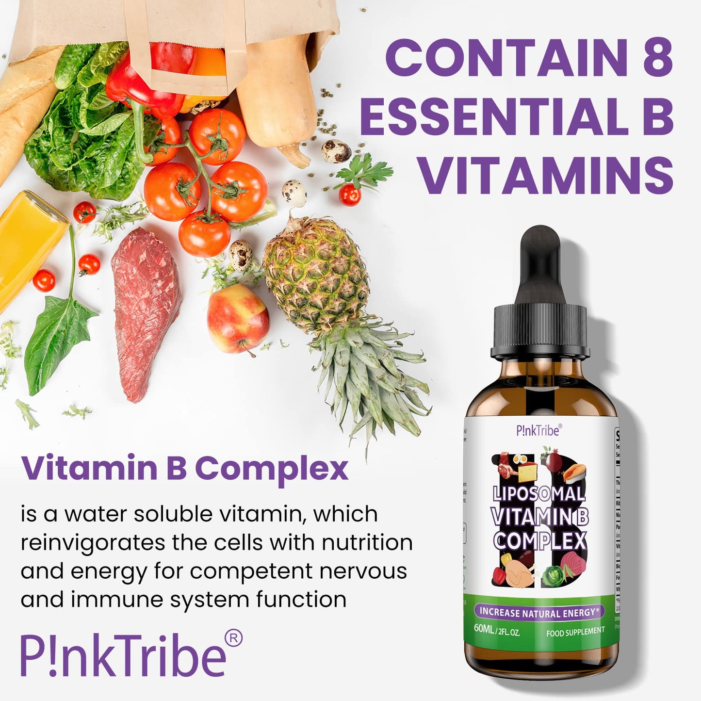 P!nkTribe Liposomal Vitamin B Complex Liquid Drops - 60ml, High Potency B Vitamin Supplement for Energy Support & Nervous System Health (Pack of 3)