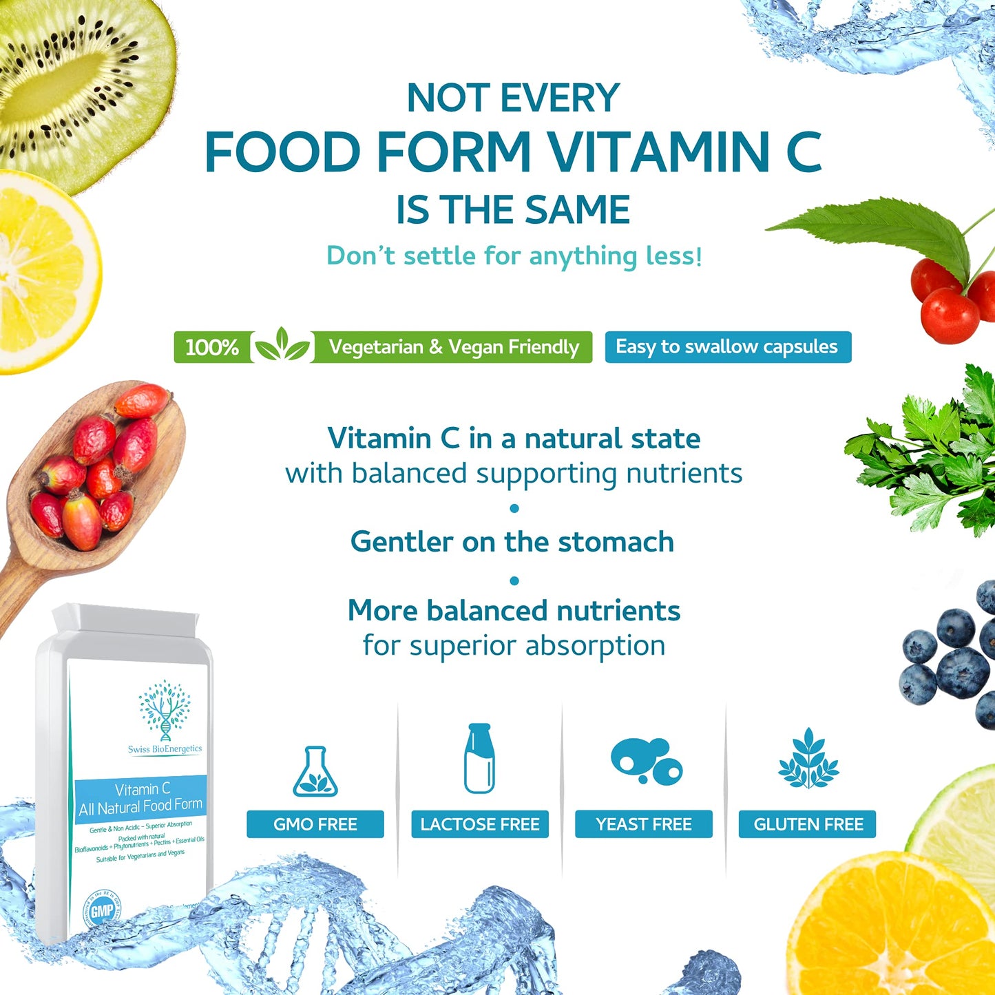 Natural Vitamin C 120 Capsules – Optimum Absorption All-Natural Food Form - Gentle & Non-Acidic - Packed with Bioflavonoids, Pectins, Essential Oils & phytonutrients - NO Synthetic ascorbic Acid