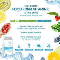 Natural Vitamin C 120 Capsules – Optimum Absorption All-Natural Food Form - Gentle & Non-Acidic - Packed with Bioflavonoids, Pectins, Essential Oils & phytonutrients - NO Synthetic ascorbic Acid