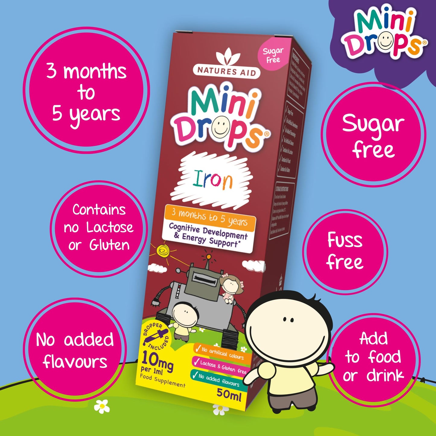 Natures Aid Mini Drops Iron for Kids 50ml – Supports Cognitive Development & Energy – Gluten & Sugar Free Vegan Non-GMO – Natural Supplement for Babies & Children Age 0-5 Years Old - Dropper Included