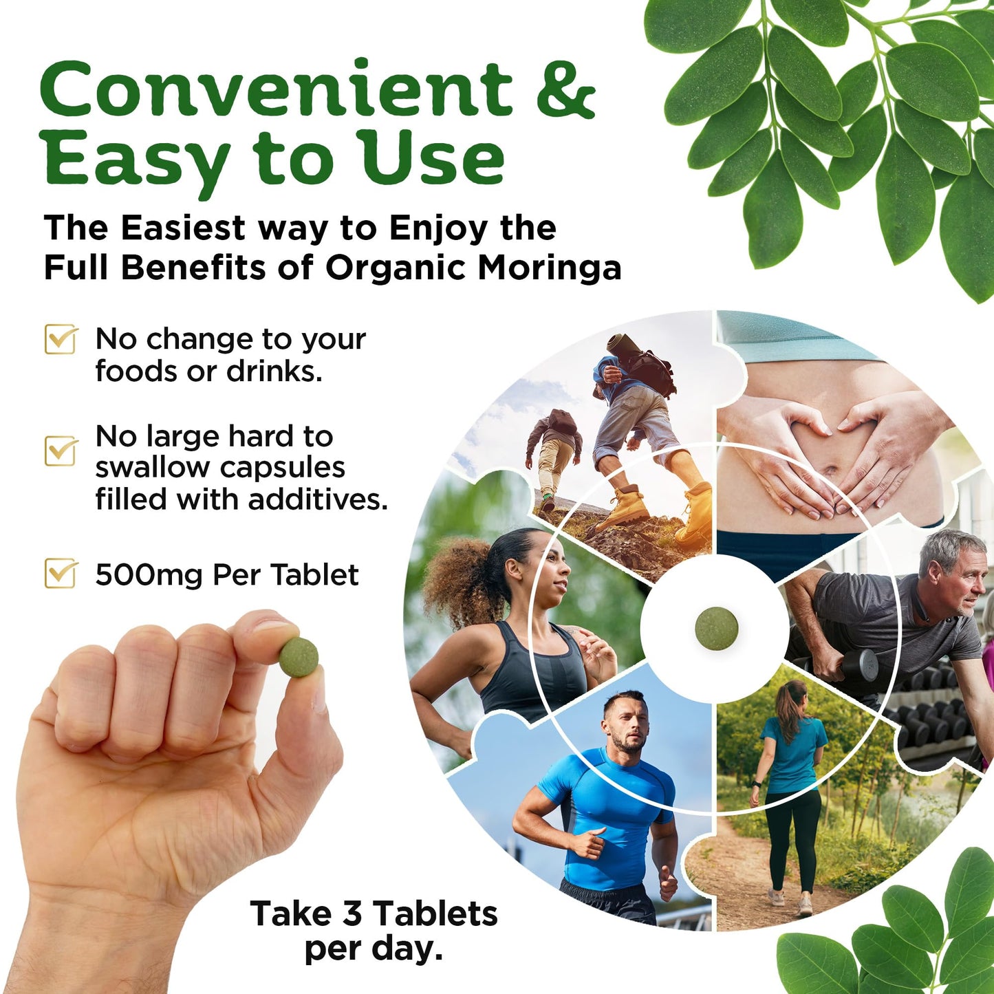 Inner Vitality Pure Organic Moringa Tablets 180/2-Month Supply, Zero Additives