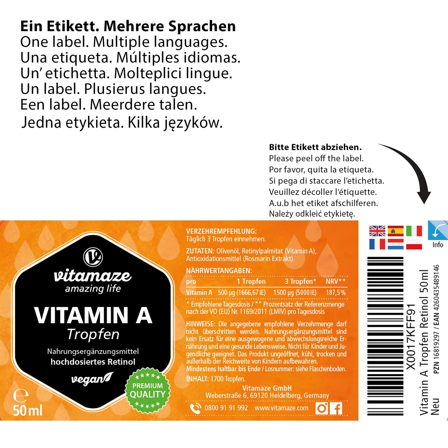 Vitamin A Drops 5000 IU High Strength per Daily Dose, Retinol Liquid & Vegan, 50 ml (1700 Drops), Natural Food Supplement Without Additives, High Bioavailability