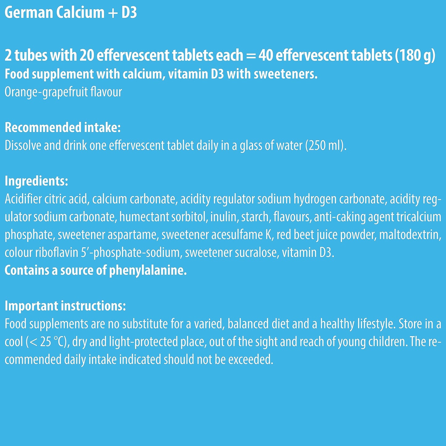 Calcium + Vitamin D3-2 x 20 effervescent Tablets - Orange-Grapefruit Flavor - T&D Pharma German Calcium + D3 - Made in Germany