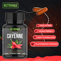 Cayenne Pepper Capsules - 90 Organic Capsules | High Strength Up to 1500mg | Natural Herbal Supplement | Zero Fillers 100% Natural & Vegan Friendly | by NutriMali