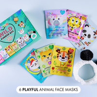 7th Heaven Go Wild Pamper Box Skincare Gift Set for Children, 6 Printed Animal Sheet Face Masks to Soothe, Hydrate and Moisturise Sensitive Skin, Plus Soft Panda Headband for Parties and Sleepovers