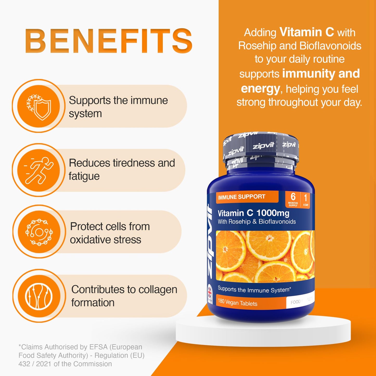 Zipvit Vitamin C 1000mg, 180 High Strength Vitamin C Tablets with Rosehip & Bioflavonoids, Vegan VIT C Supplement, Supports The Immune System and Reduction of Tiredness and Fatigue