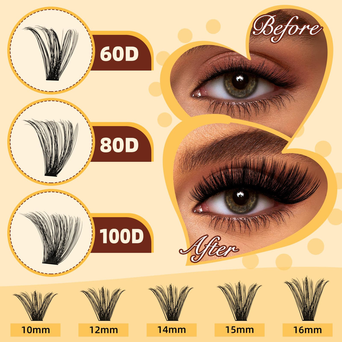 QUEWEL Fluffy Individual Eyelashes Kit 60+80+100D Clusters Lashes Kit, Eyelash Individual DIY Lash Extension kit Mix 10-16mm, Individual Cluster with Bond and Seal (60D+80D+100D-KIT)