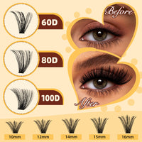 QUEWEL Fluffy Individual Eyelashes Kit 60+80+100D Clusters Lashes Kit, Eyelash Individual DIY Lash Extension kit Mix 10-16mm, Individual Cluster with Bond and Seal (60D+80D+100D-KIT)