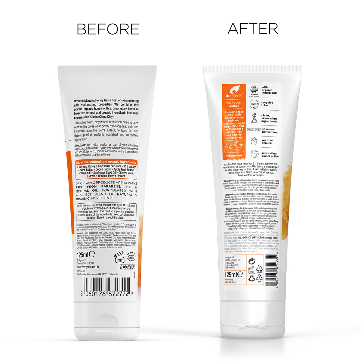 Dr. Organic Dr Organic Manuka Honey Face Mask, Nourising, Dry Skin, Mens, Womens, Natural, Vegetarian, Cruelty-Free, Paraben & SLS-Free, Recycled & Recyclable, Organic, 125ml, Packaging May Vary