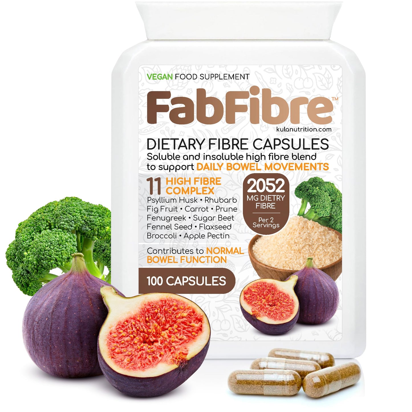 Kula Nutrition FabFibre - Psyllium Husk Complex - Dietary Fibre Supplement - 11 High Fiber Insoluble and Soluble Foods - Rhubarb, Broccoli, Flaxseed, Apple Pectin - Normal Bowel Function Support - 100 Vegan Capsules