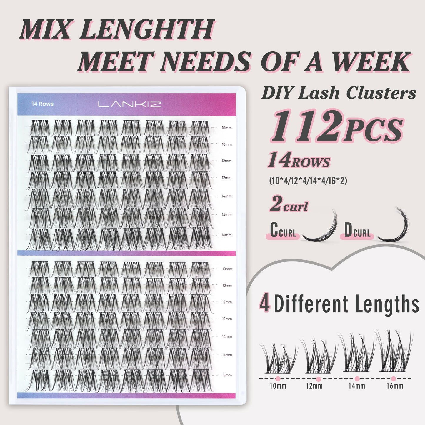 LANKIZ Cluster Lashes,Lankiz Individual Eyelashes C+D Curl 10-16mm Reusable DIY Individual Lashes Hypoallergenic Eyelash Clusters for Daily Wear and Events(Hybird)