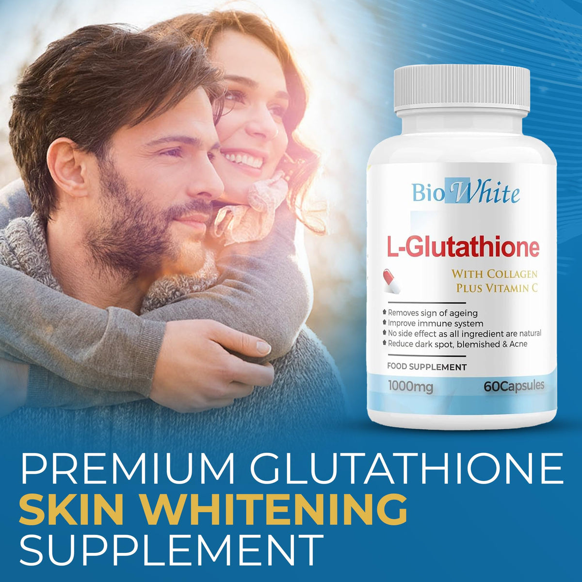 Bio White Glutathione Supplement - Natural Skin Whitening Anti-Aging Benefits and Improves Immunity, L-Glutathione Pills for Men & Women - Pure Antioxidant, 60 Capsules (1000mg)