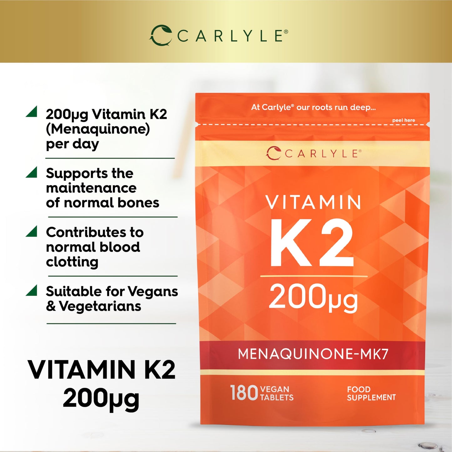 Vitamin K2 MK7 200ug | 180 Vegan Tablets | Menaquinone-MK7 | Contributes to Normal Blood Clotting and Bone Support | Suitable for Vegetarians and Vegans | by Carlyle