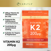 Vitamin K2 MK7 200ug | 180 Vegan Tablets | Menaquinone-MK7 | Contributes to Normal Blood Clotting and Bone Support | Suitable for Vegetarians and Vegans | by Carlyle