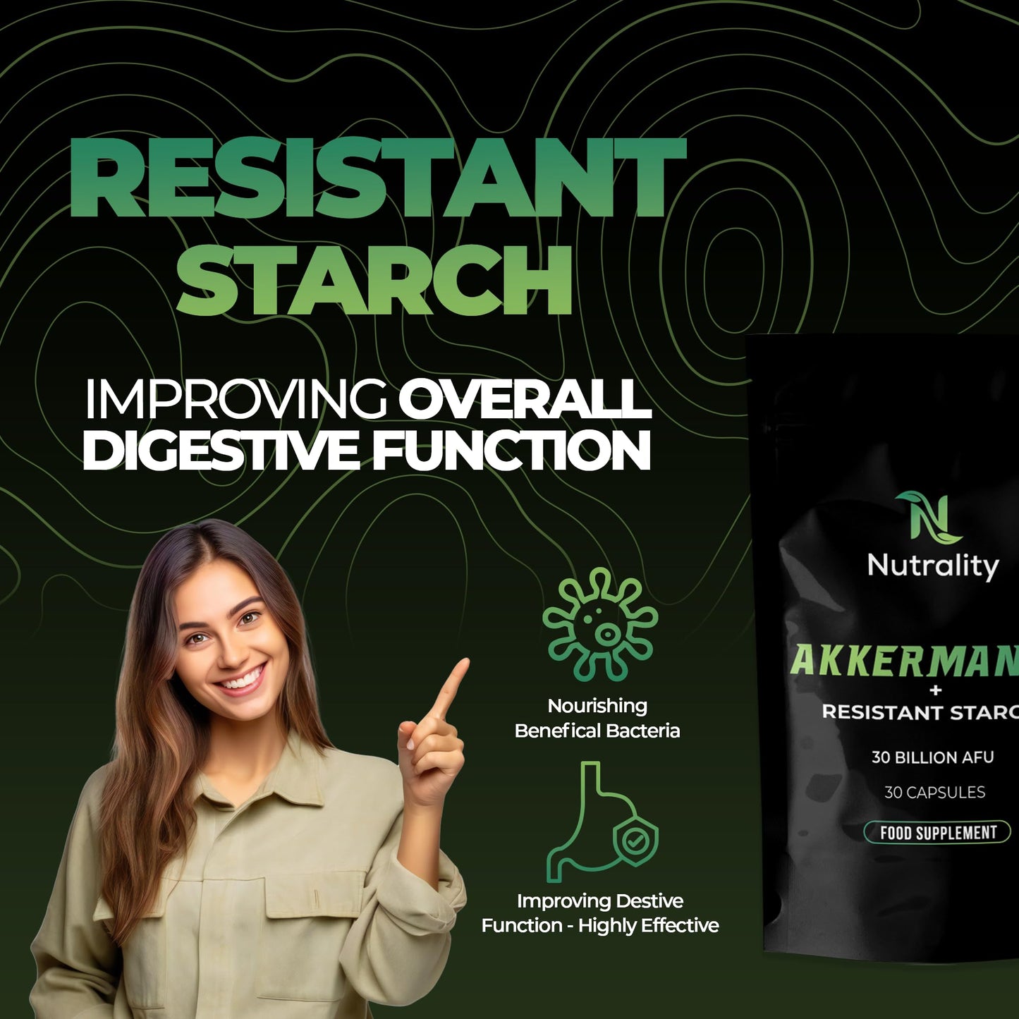 Nutrality Akkermansia Supplement | 30 Capsules with 30 Billion AFU | Resistant Starch for Gut Health | Freeze-Dried for Freshness | Delayed Release for Optimal Absorption | Probiotic Support